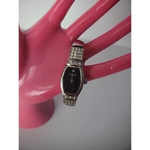 Vintage Fossil F2 Silver Ton Stainless Steel Wristwatch Watch Womens Black Dial